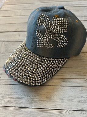 Rhinestone Studded Distressed Denim Baseball Cap  Sparkling Silver Saints Detail